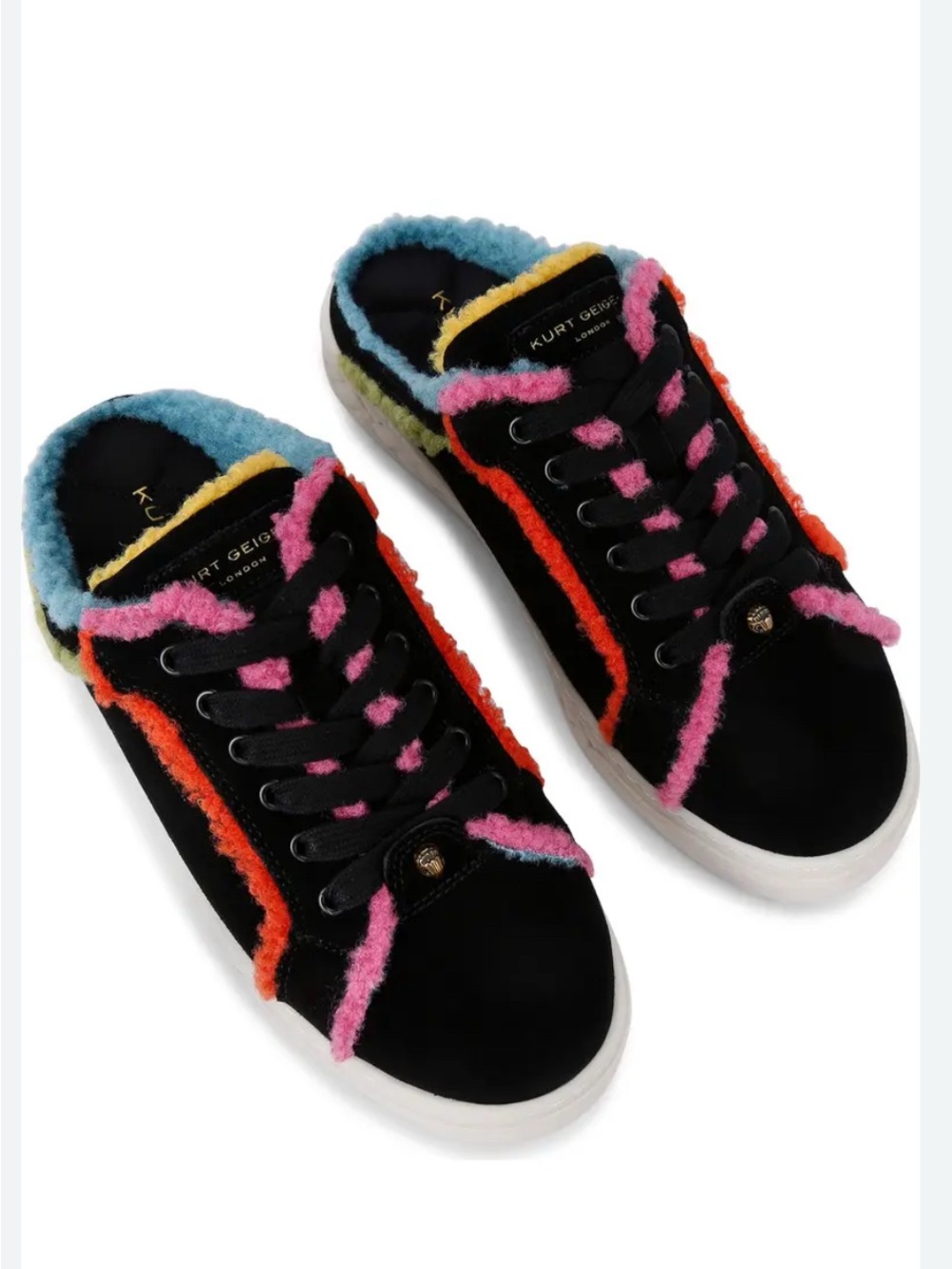 Kurt Geiger Black Suede Mule Sneakers with Pink, Orange, Blue & Yellow Trim